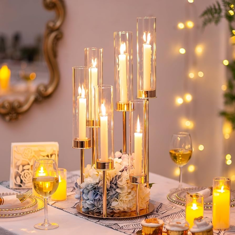 Six-Arm Candelabra Gold with Hurricane Glass Sleeves