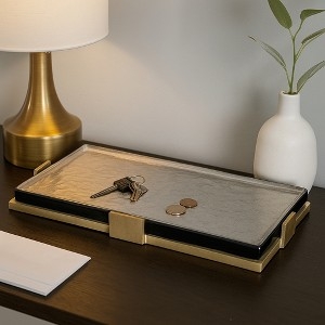 Sleek Black Metal Frame Rectangular Decorative Tray Glass Bottom