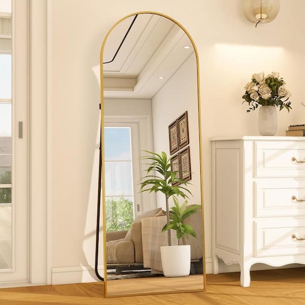 Slender Arched Gold Floor Mirror, Brushed Finish for Contemporary Space