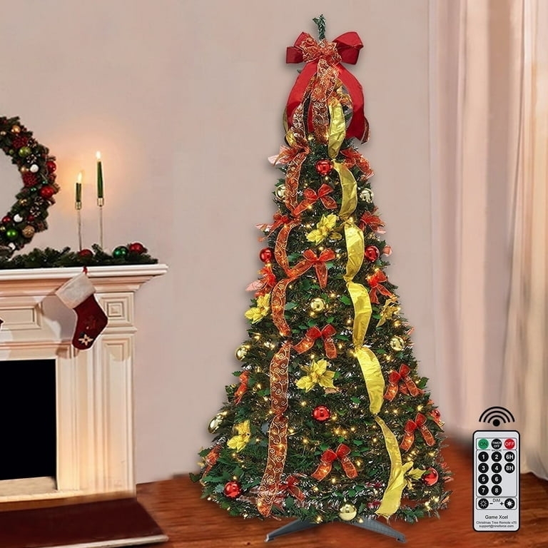 Slender Artificial Christmas Tree, Pop-Up, Pre-Lit Red and Gold