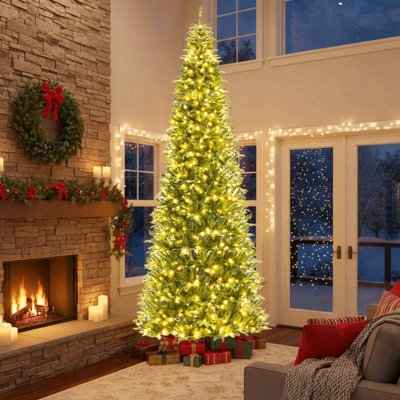 Slender Artificial Christmas Tree Pre-Lit Burlap Wrapped Base
