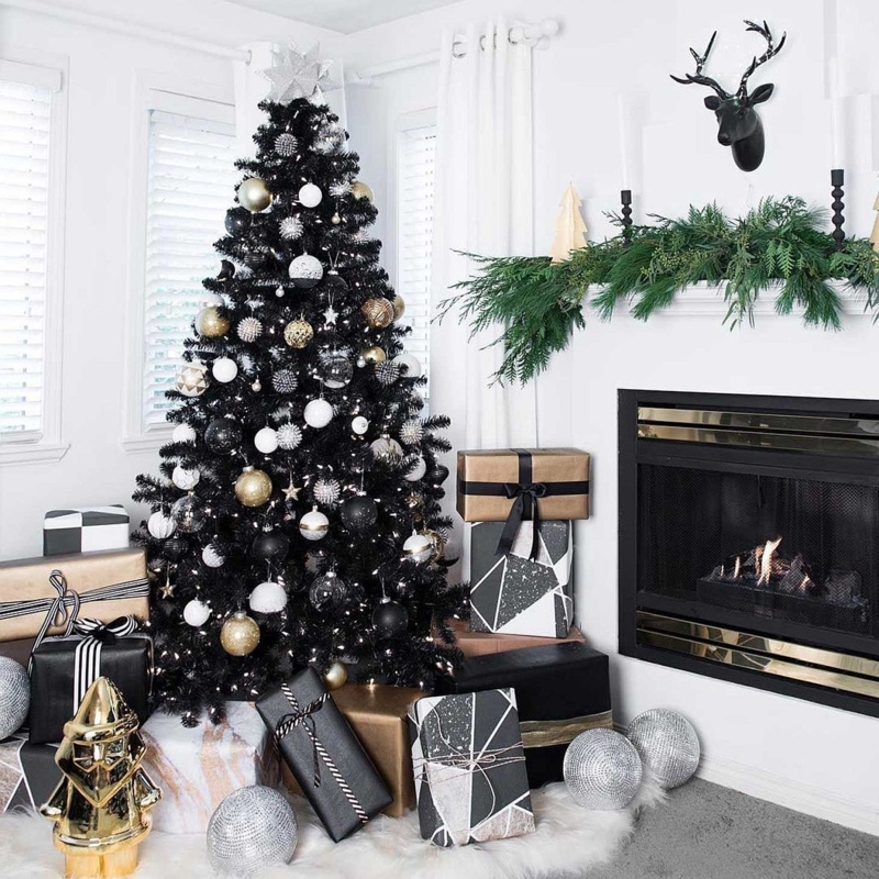 Slender Black Christmas Tree High Contrast Minimalist Metallic