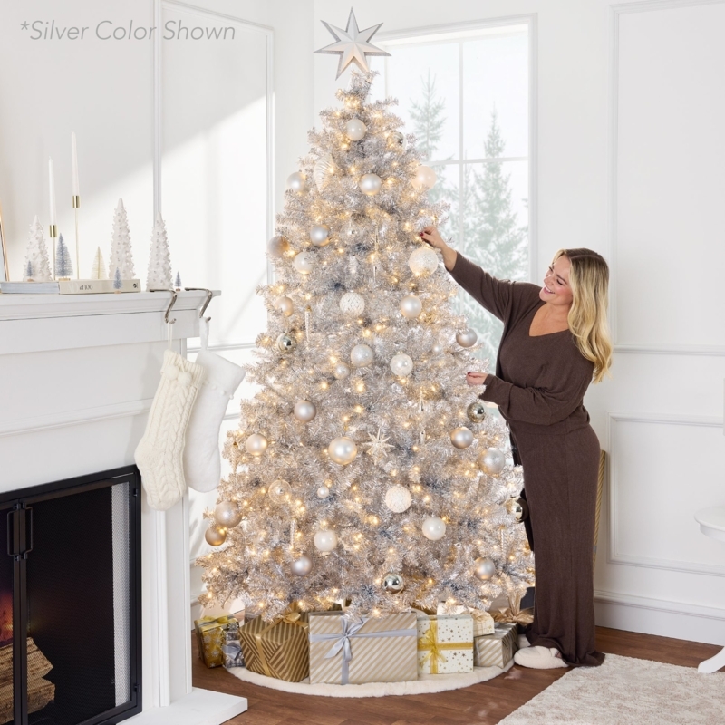 Slender Champagne Gold Tinsel Christmas Tree with Folding Stand