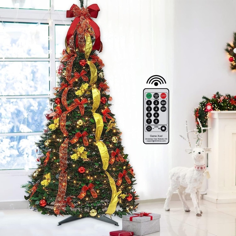Slender Pop-Up Christmas Tree, Pre-Decorated Red and Gold Decor