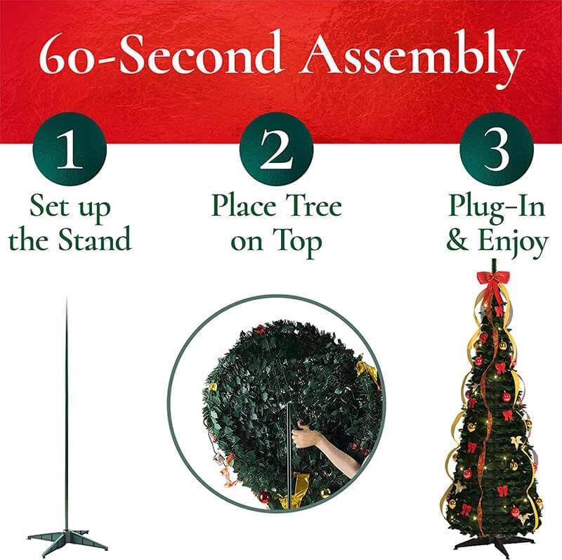 Slender Pop-Up Christmas Tree Pre-Decorated with Spiral Ribbons