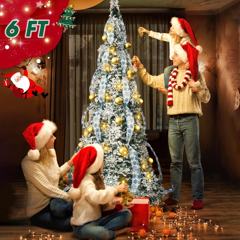 Slender White Artificial Christmas Tree, Pre-Decorated Pop-Up