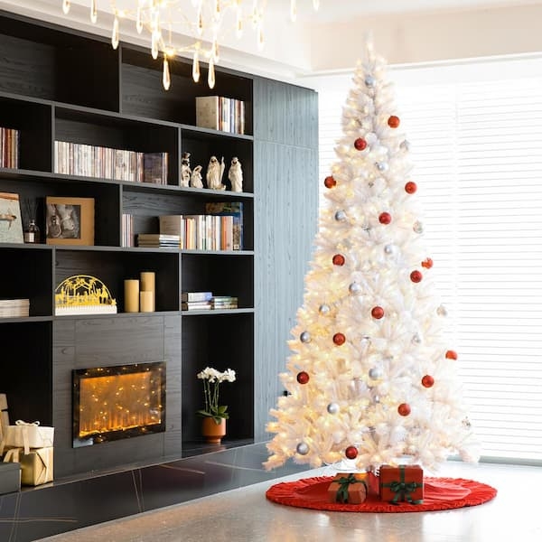 Slim Artificial Tree 10 ft White Pine Pre-Lit Warm White Lights