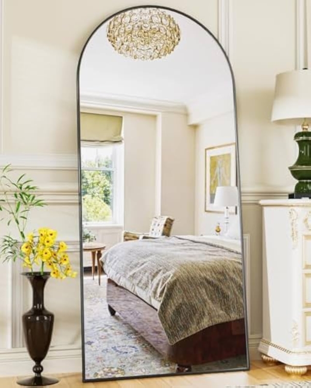 Slim Black Arched Floor Mirror, Aluminum Frame, Leaning Scandi Style