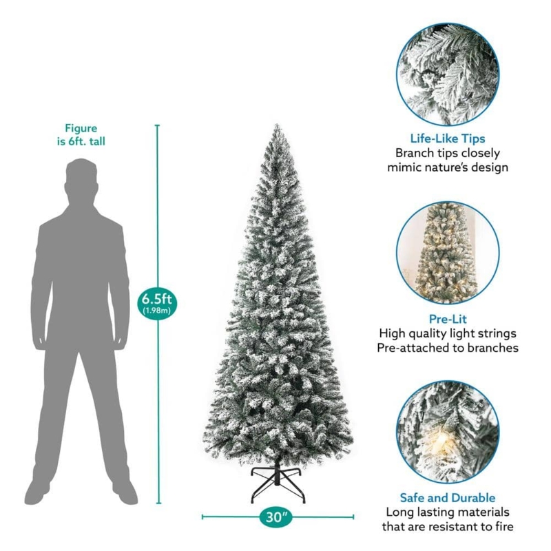 Slim Flocked Artificial Christmas Tree Pre-Lit Warm White Small Space Decor