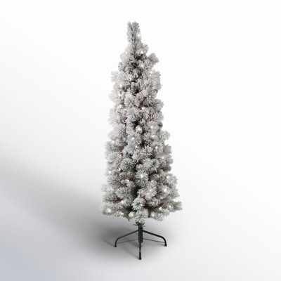 Slim Flocked Christmas Tree Pre-Lit Pencil Profile Warm Glow Decoration