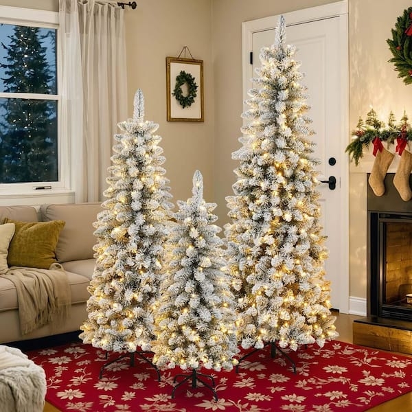 Slim Flocked Christmas Tree Set: Pre-Lit Pencil Profile Trio.