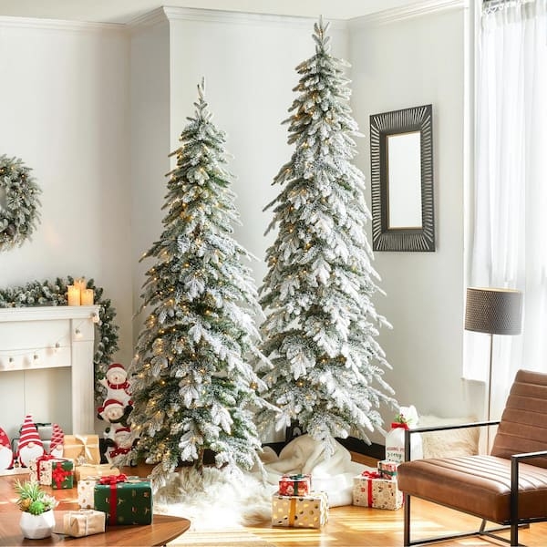 Slim Flocked Pencil Christmas Tree Warm White Lights Small Space Decor