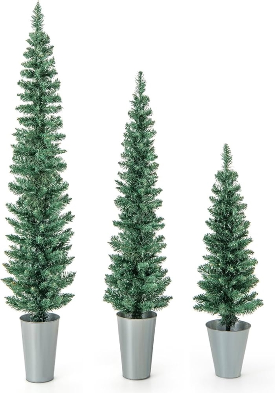 Slim Pencil Christmas Tree Set: Modern Potted Trio in Square Planters.