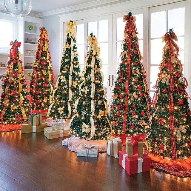 Slim Pop-Up Christmas Tree Fully Decorated with Red and Gold Accents