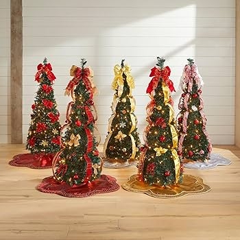 Slim Pop-Up Christmas Tree Pre-Decorated with Red and Gold Bow Topper