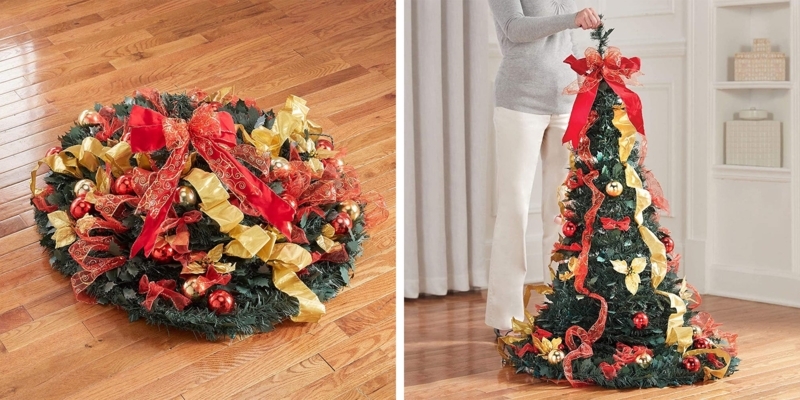 Slim Pre-Decorated Christmas Tree with Plaid and Glitter Ribbon Accents