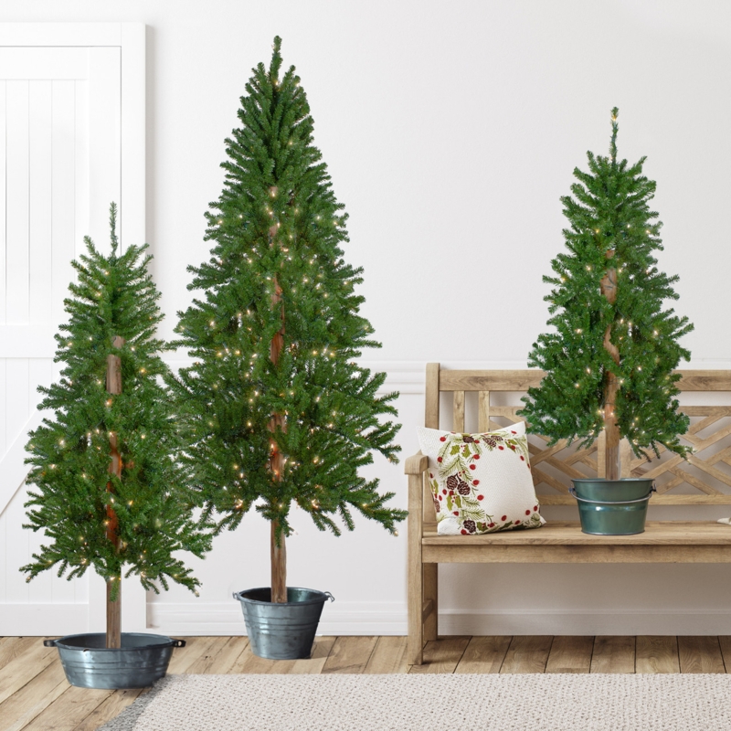 Slim Pre-Lit Alpine Trees: Scandinavian Trio on Metal Tripod Bases.