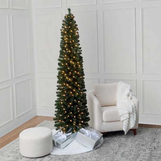 Slim Pre-Lit Pencil Christmas Tree 7ft Warm White LED Lights