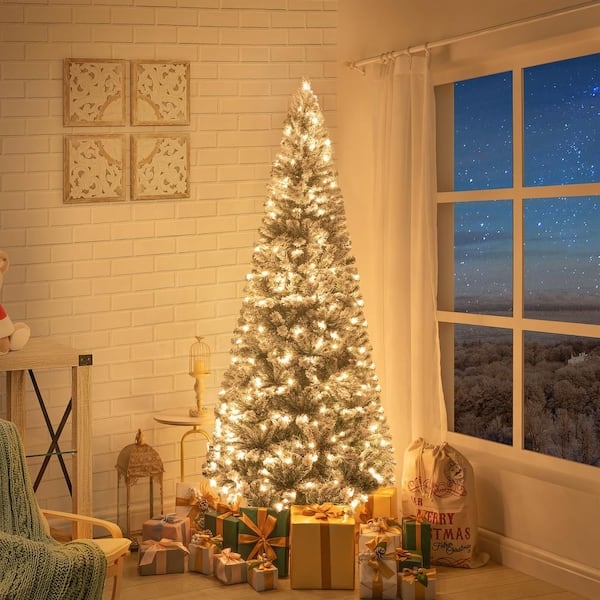 Slim Profile Christmas Tree, Heavily Flocked, Warm Pre-Lit, Wintry Decor.