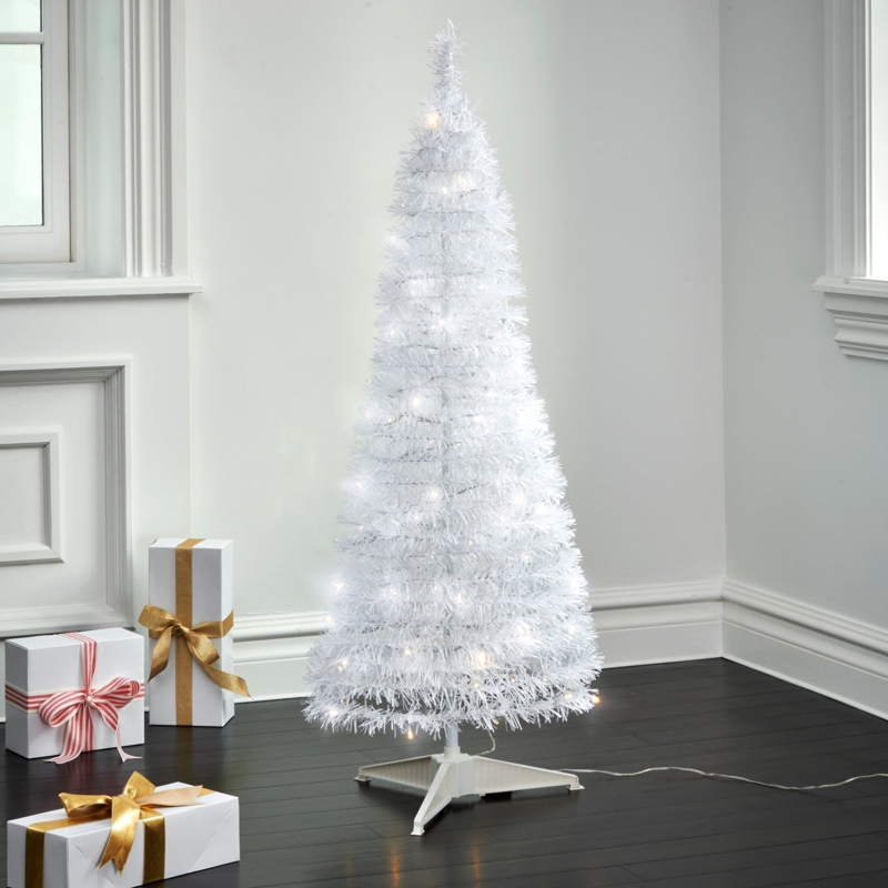 Slim White Pop Up Christmas Tree with Collapsible Design and Tinsel