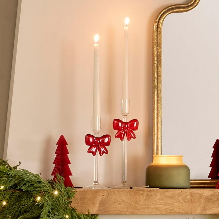 Small Clear Glass Christmas Taper Candle Holder with Bow, 7.75", by Holiday  Time