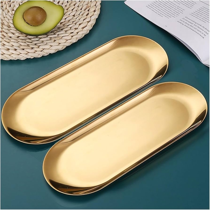 Small Metallic Tray Set Oval Polished Finish Minimalist Style