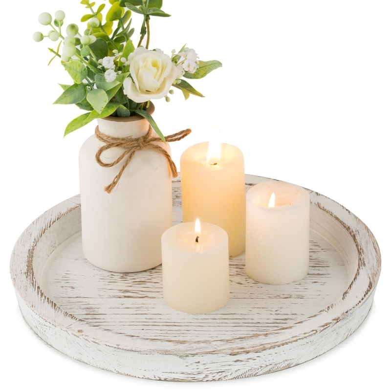 Small Round Decorative Tray with Whitewashed Finish and Bead Garland.