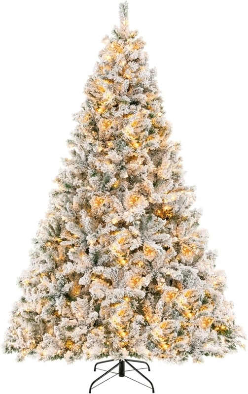 Snow Flocked Christmas Tree Hinged Branches 8 Foot Pre-Lit