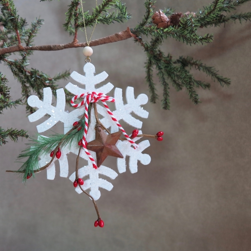 Snowflake Ornament Rustic Wood Base White Glitter Top Cutout Design