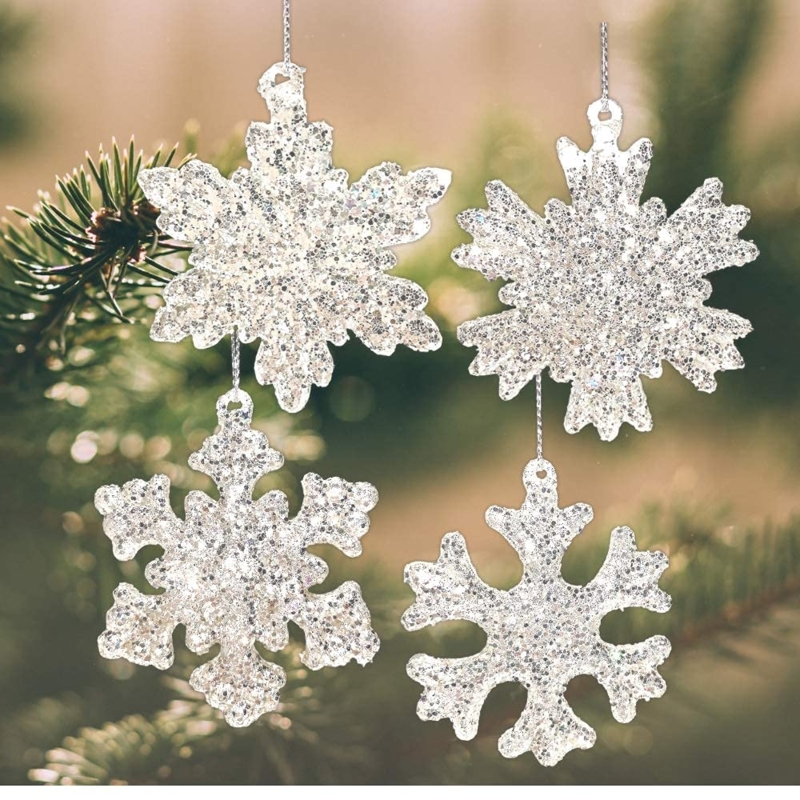 Snowflake Ornament Silver Glitter Glass Crystal Christmas Tree Decor