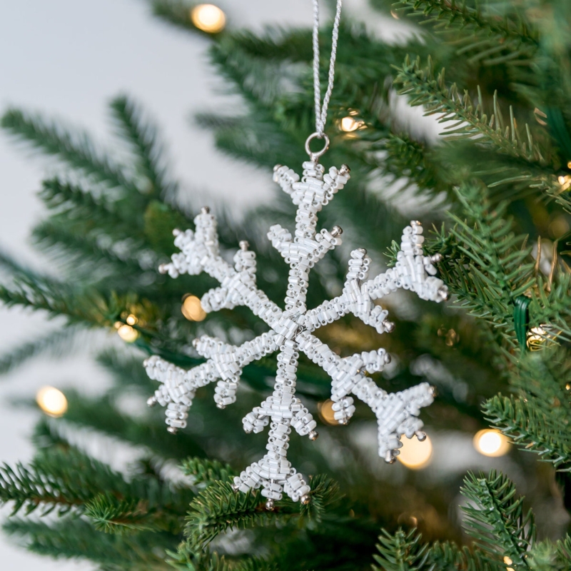 Snowflake Ornament White Beaded Glass Central Faceted Gem Elegant