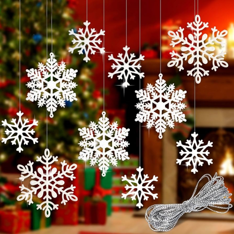 Snowflake Ornaments Set White Glitter Varied Sizes Winter Wonderland Decor