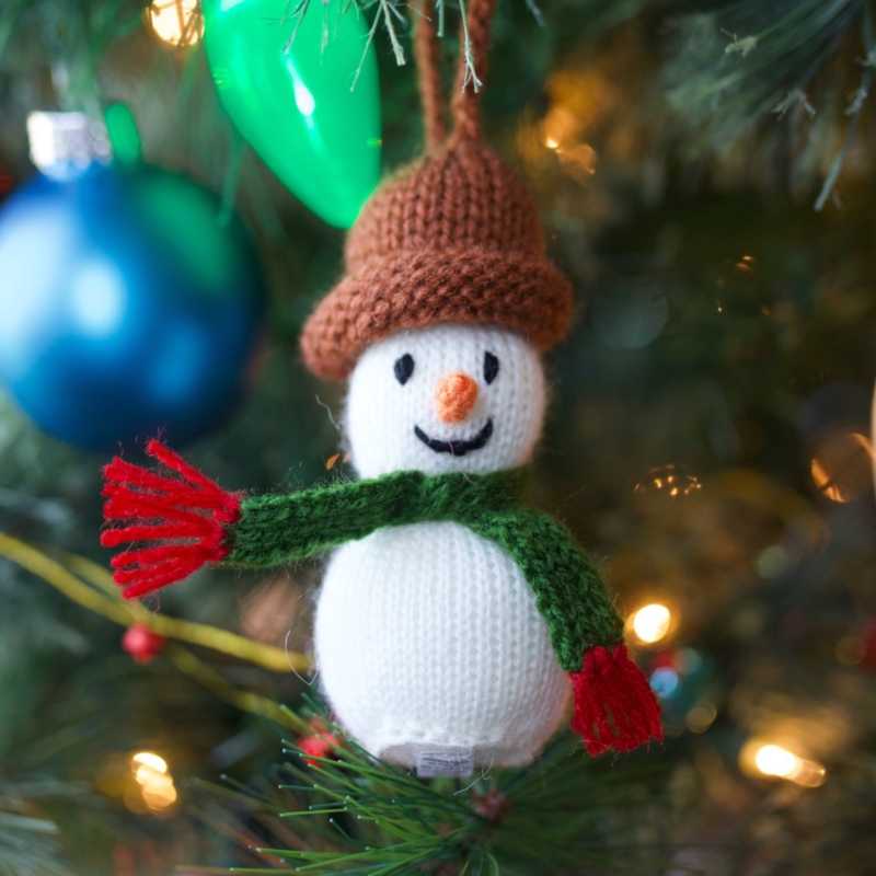 Snowman Christmas Ornament, Handmade Knit Wool-Like Yarn, Rustic Charm