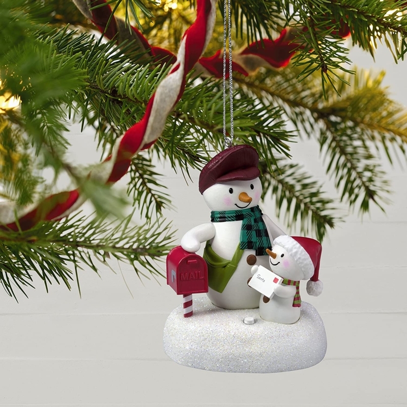 Snowmen Delivery Truck Ornament, Red Vintage Style with Tree Cargo