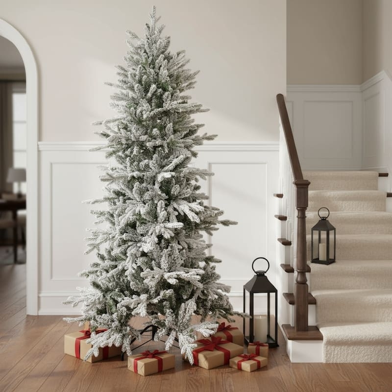 Snowy Artificial Pine Tree with a Slender Tapered Silhouette