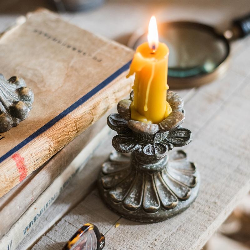 Spindle Candlesticks Pair with Circular Flared Bases, Weathered