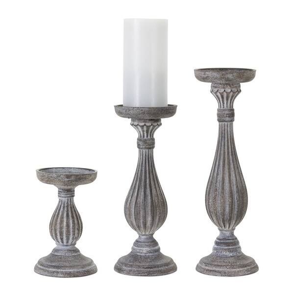 Spindle Turned Pillar Candle Holders Distressed Gray Set Rustic