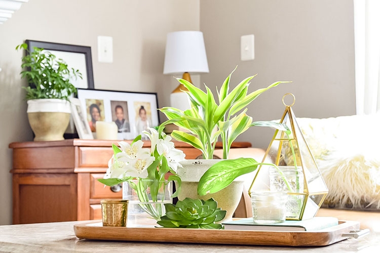 Spring Coffee Table Tray Styling With Woven Base and Light Wood Finish