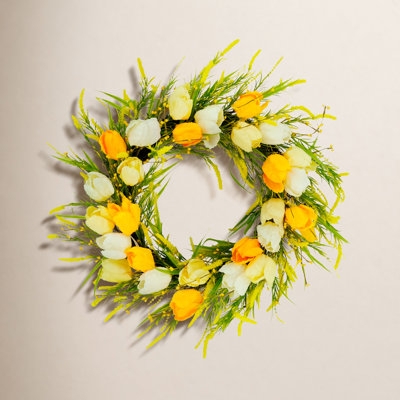 Spring Wreath, Yellow and Orange Tulips on a Rustic Grapevine Base
