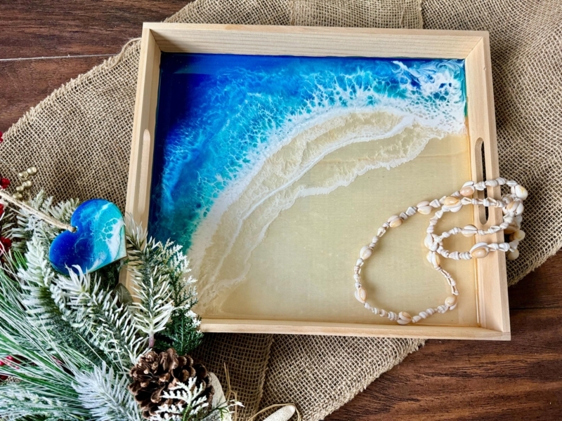 Square Coastal Serving Tray with Glossy Ocean Wave Design