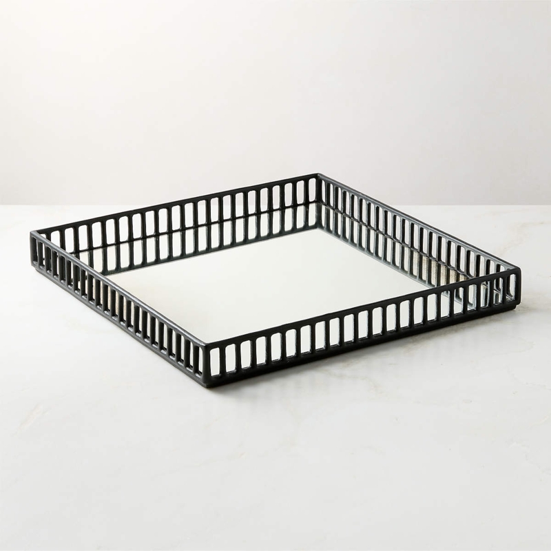 Square Decorative Tray Cast Aluminum Rim Antiqued Mirror Base