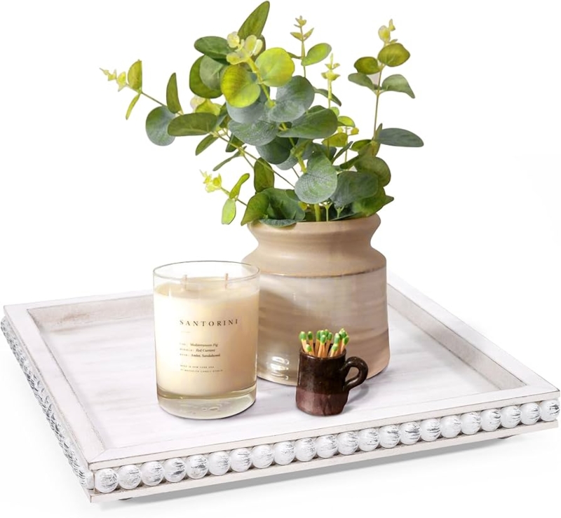 Square Decorative Tray: Farmhouse Wood Finish with Beaded Trim