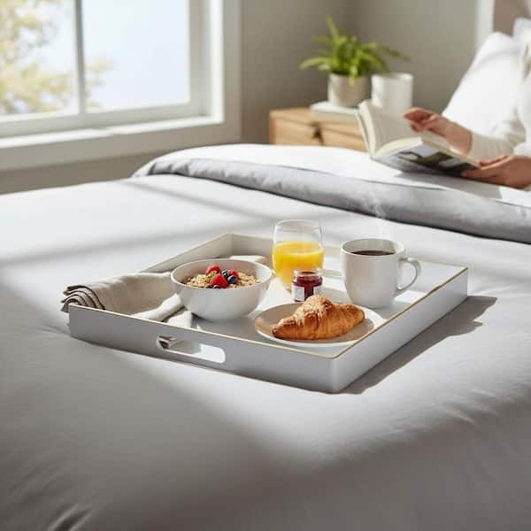 Square Decorative Tray Stark White Plastic Cutout Handles Minimalist