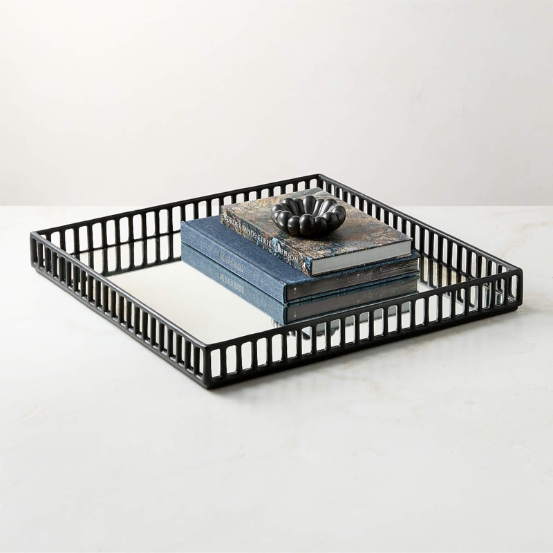 Square Decorative Tray with Antiqued Mirror Base and Dark Metal Frame