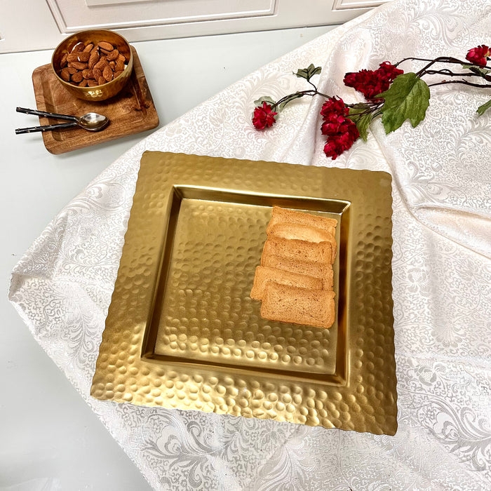 Square Decorative Tray with Hammered Texture and Gold Finish