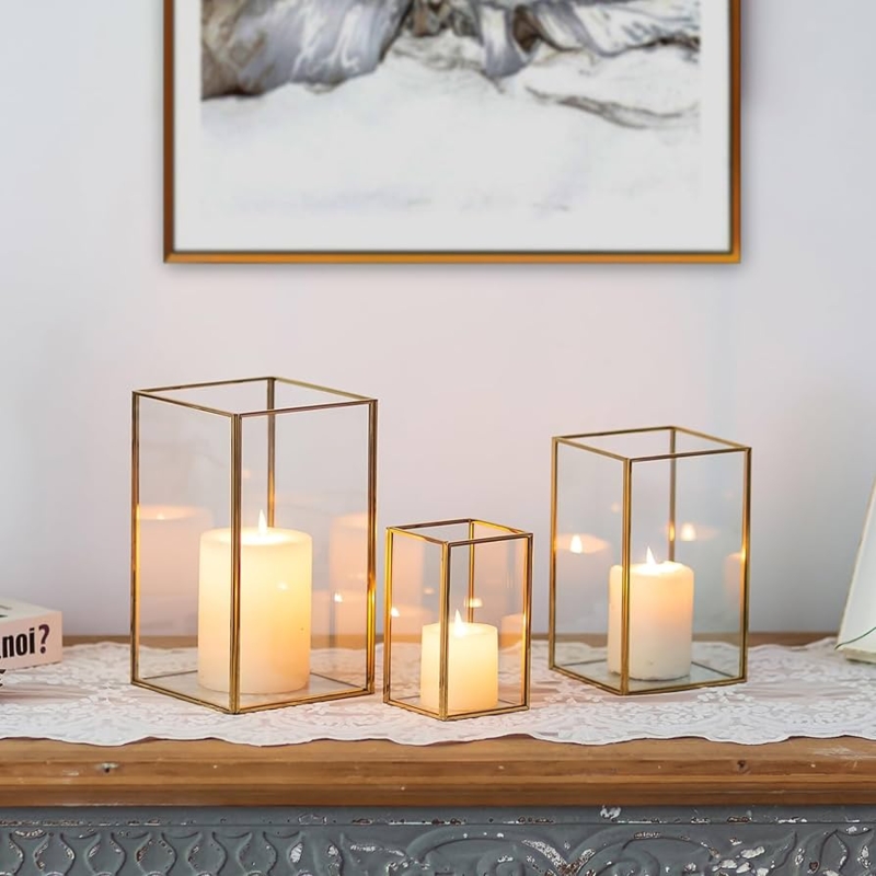 Square Glass Hurricane Candle Holder Set with Gold Metal Base Elegant