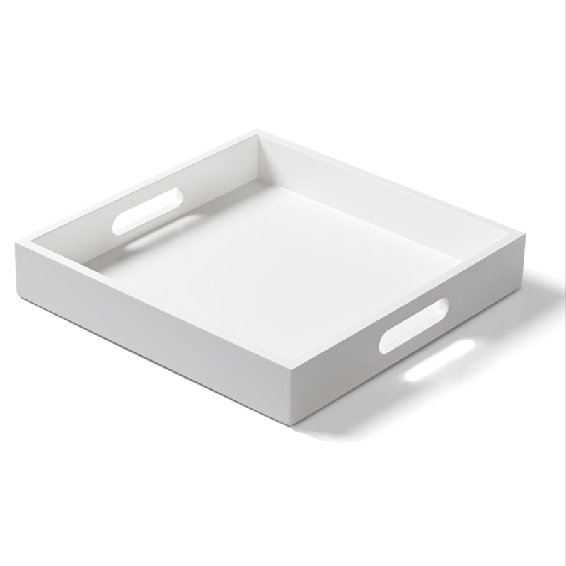 Square Serving Tray: Clean Painted White Wood with Cutout Handles