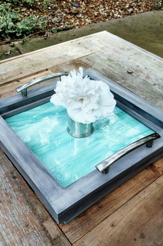 Square Serving Tray: Green Glass Mosaic Tile, Nickel Handles Coastal