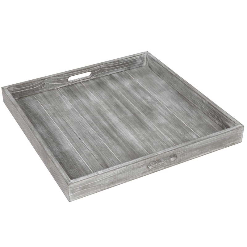 Square Serving Tray: Whitewashed Wood with Cutout Handles Ottoman Styling