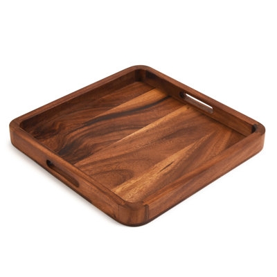 Square Serving Tray with Natural Wood Grain and Cutout Handles